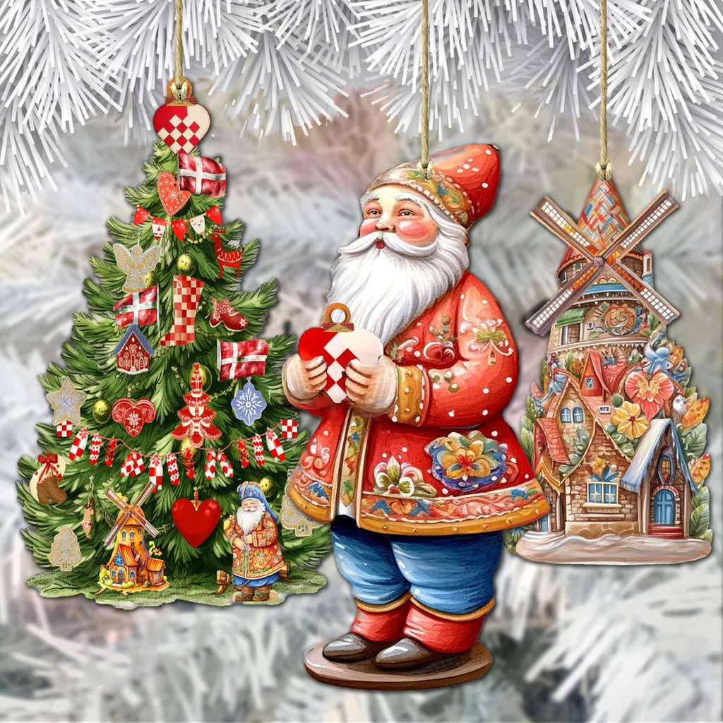 Santas Around the World - Danish Inspired Santa - Eco Wood Ornaments Set of 3 by G. DeBrekht Christmas Santa Snowman Decor - 8091302S3