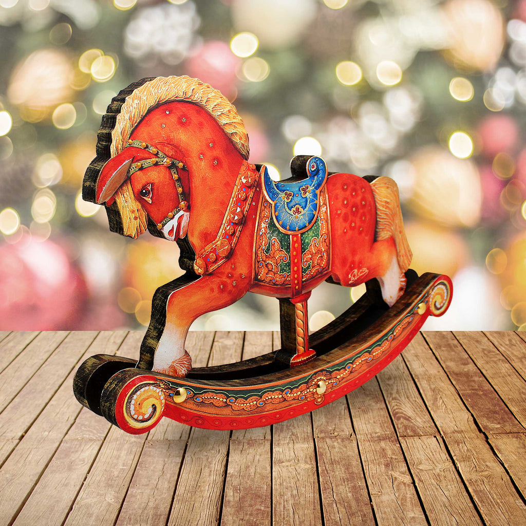 Rocking Horse Decorated Centerpiece Wooden Figurine by G. Debrekht - Christmas Santa and Snowman Decor - 89311