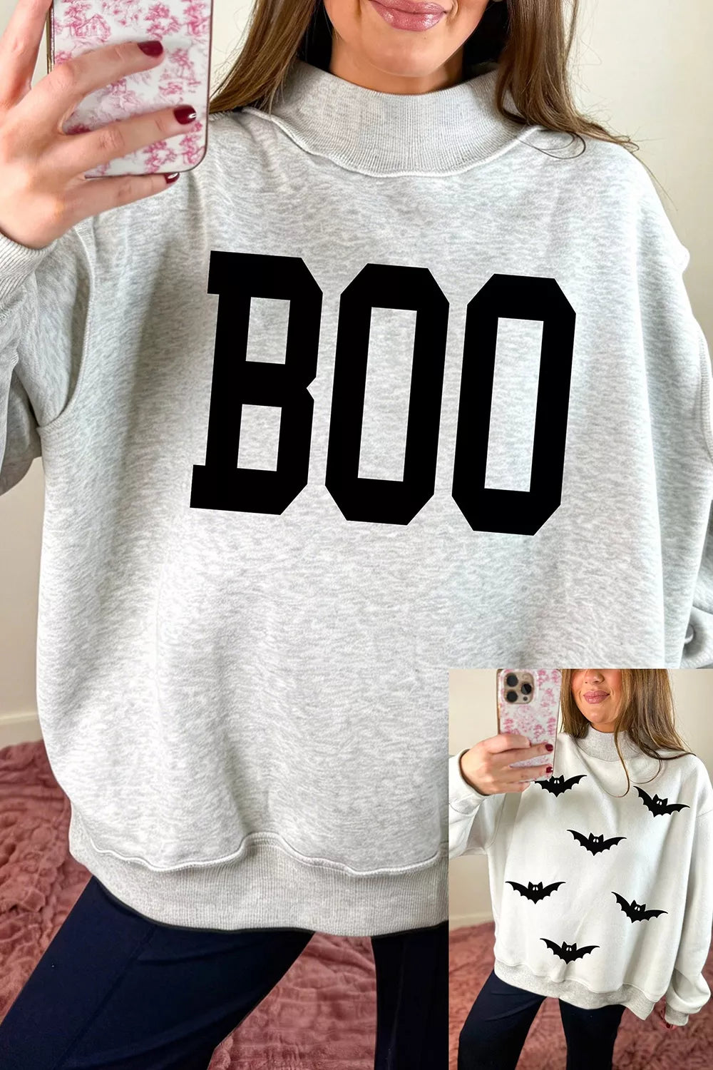 Halloween BOO & Bat Printed Reversible Mock Neck Sweatshirt