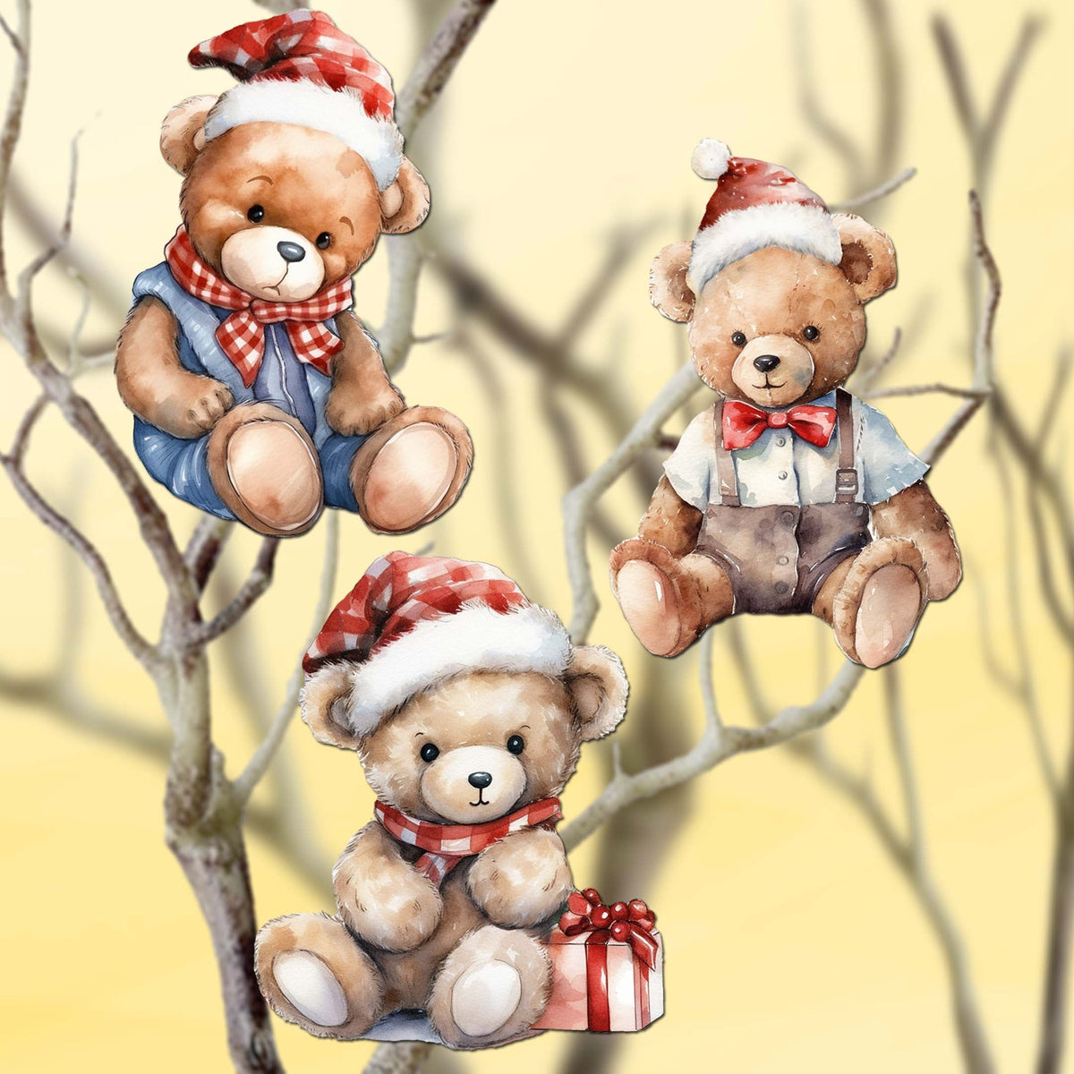 Christmas Teddy Bear Clip-On Eco Wood Decorative Ornaments Set of 3 by G. Debrekht - Christmas Decor - 8091011C-S3