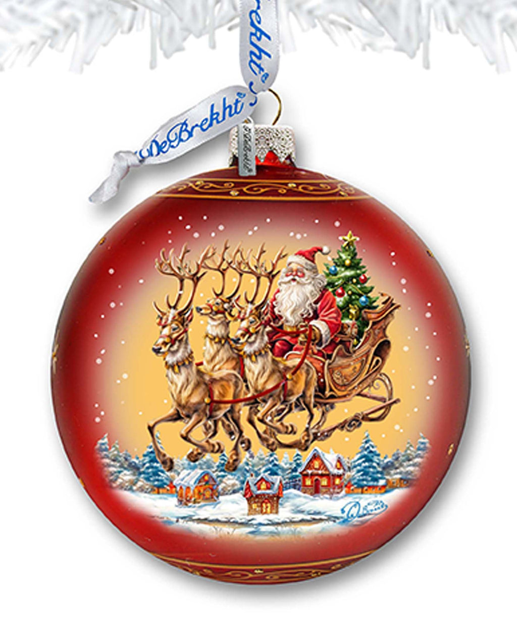 Santa on Sleigh Lg Glass Ornament by G.Debrekht - Christmas Santa Snowman Decor - 73938