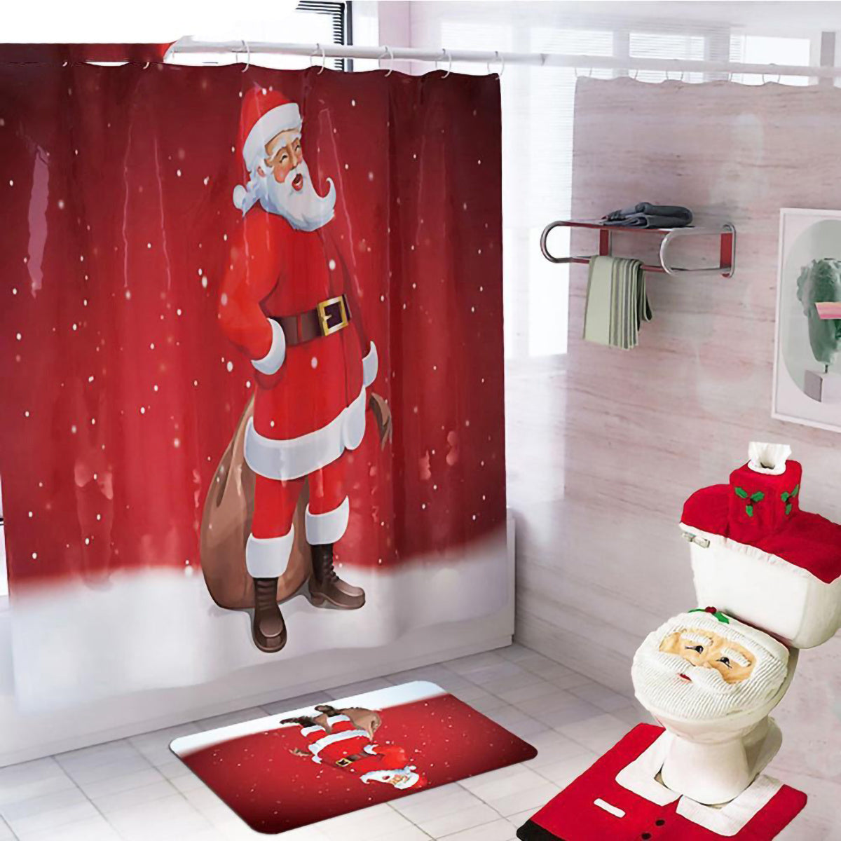 Christmas Santa Bathroom Curtain Toilet Seat Decor