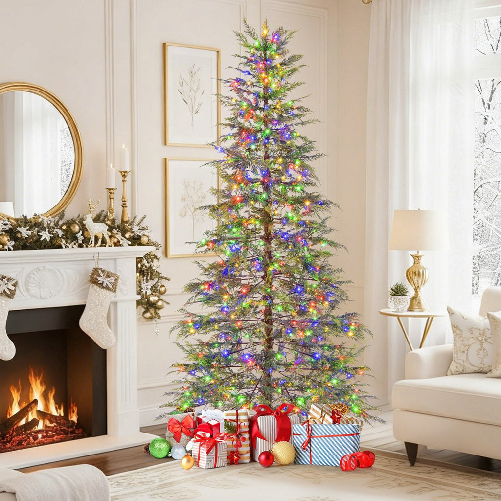 7.5 Feet Artificial Christmas Tree with Branch Tips and Colorful LED Lights