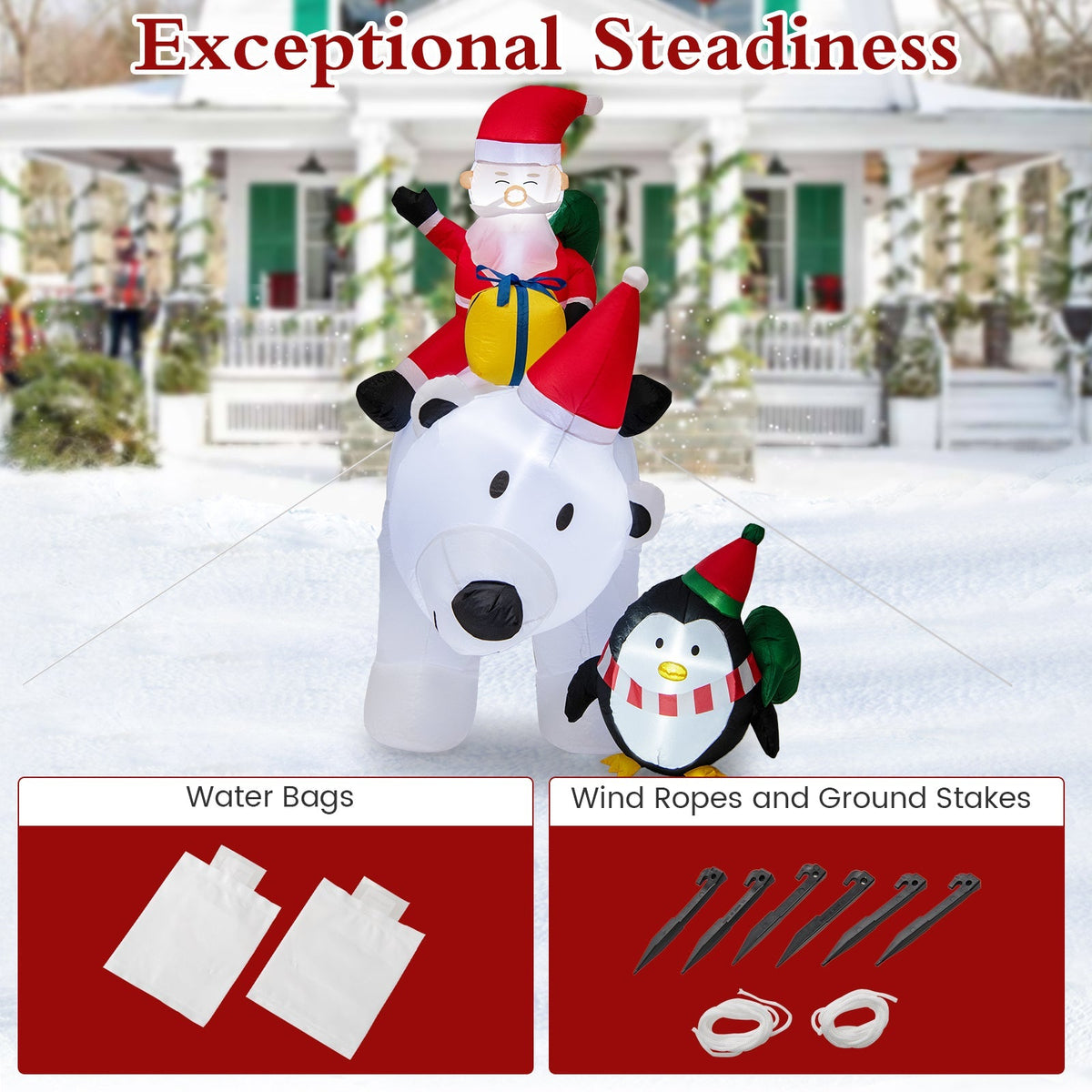 7 Feet Inflatable Santa Claus Riding Bear with Penguin Gift Bags and Gift Box