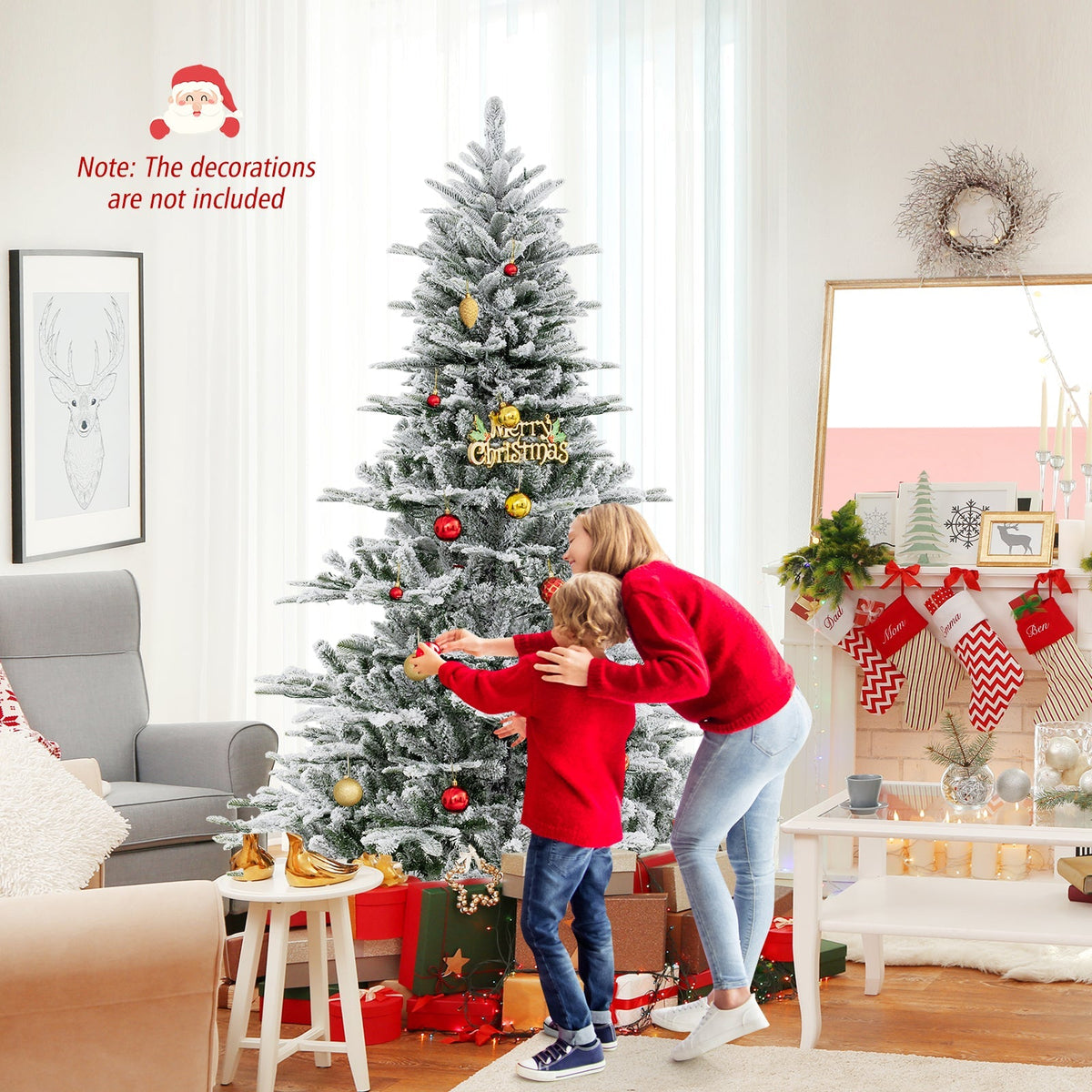 7 Feet Snow Flocked Artificial Christmas Tree with Cool White LED Lights