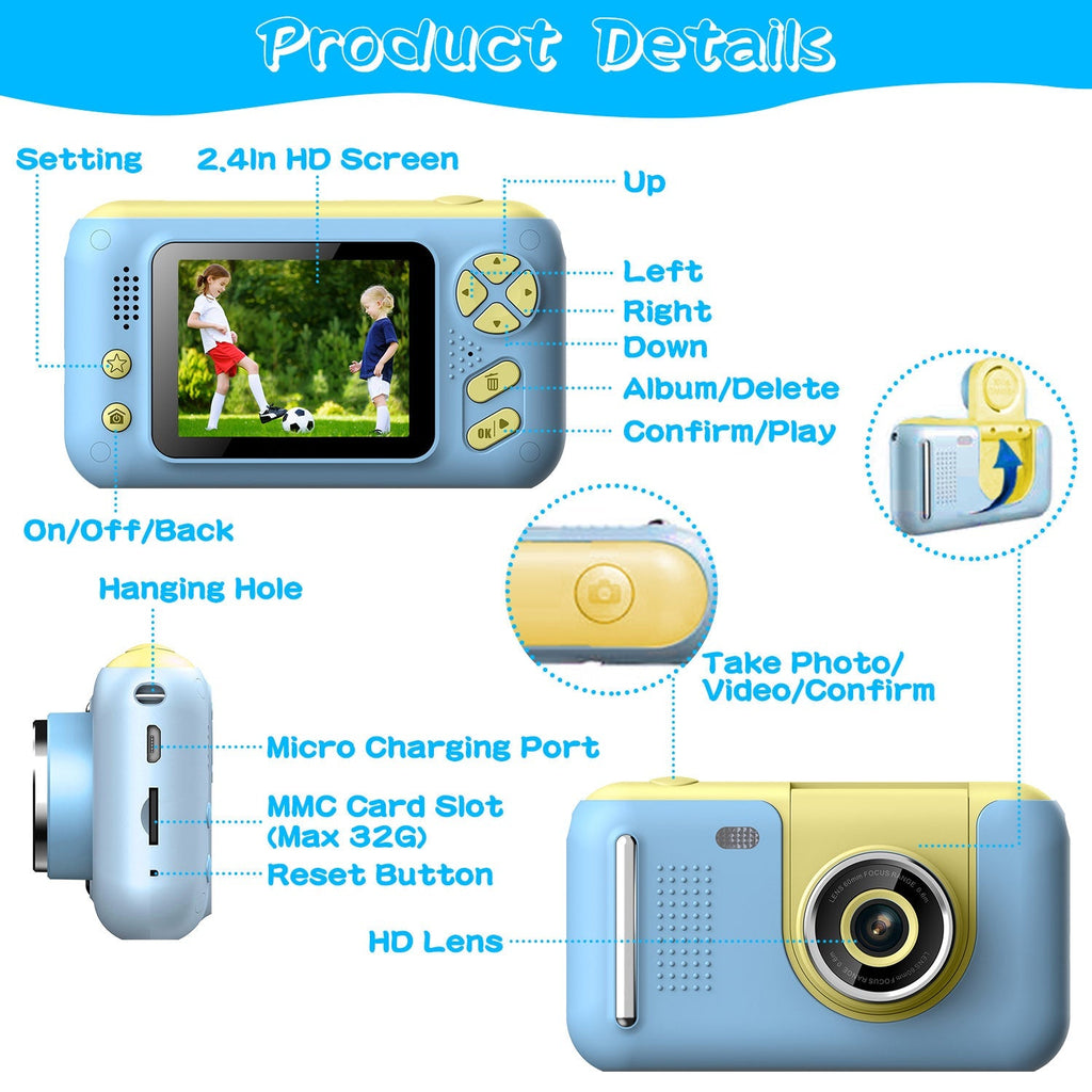Kids Digital Camera with Flip Lens Children Video Camcorder Christmas Toy Birthday Gifts with Tripod 2.4in Screen 32G MMC Card for 3-10 Year Old Boys