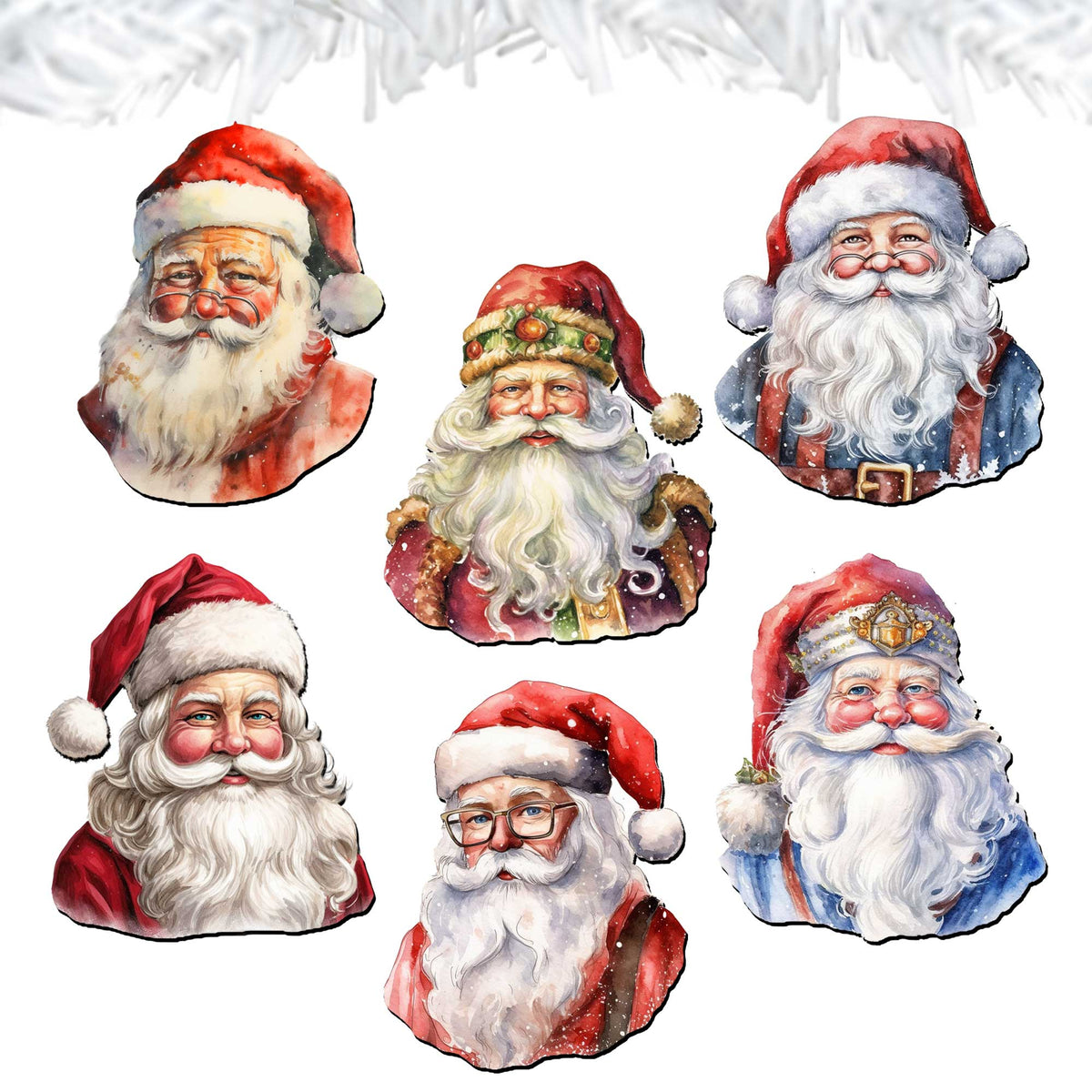 Jolly Santa Faces Clip-On Eco Wood Decorative Ornaments Set of 6 by G. Debrekht - Christmas Decor - 8090045C-S6