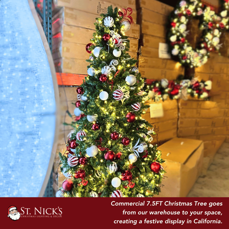 7.5FT Pre-Decorated Commercial PVC Christmas Tree with Red, White & Silver Ornaments