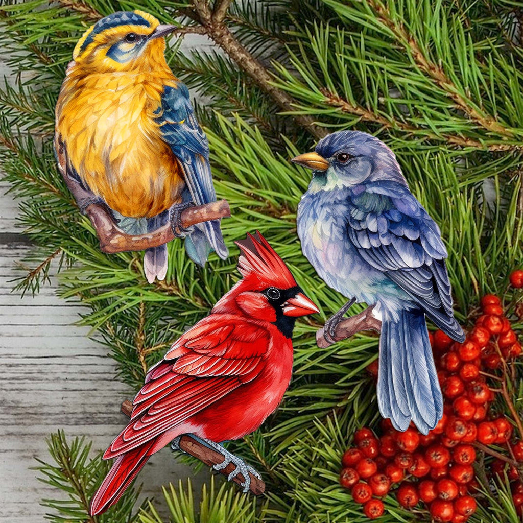 Winter Birds Clip-On Eco Wood Decorative Ornaments Set of 3 by G. Debrekht - Christmas Décor - 8091005C-S3
