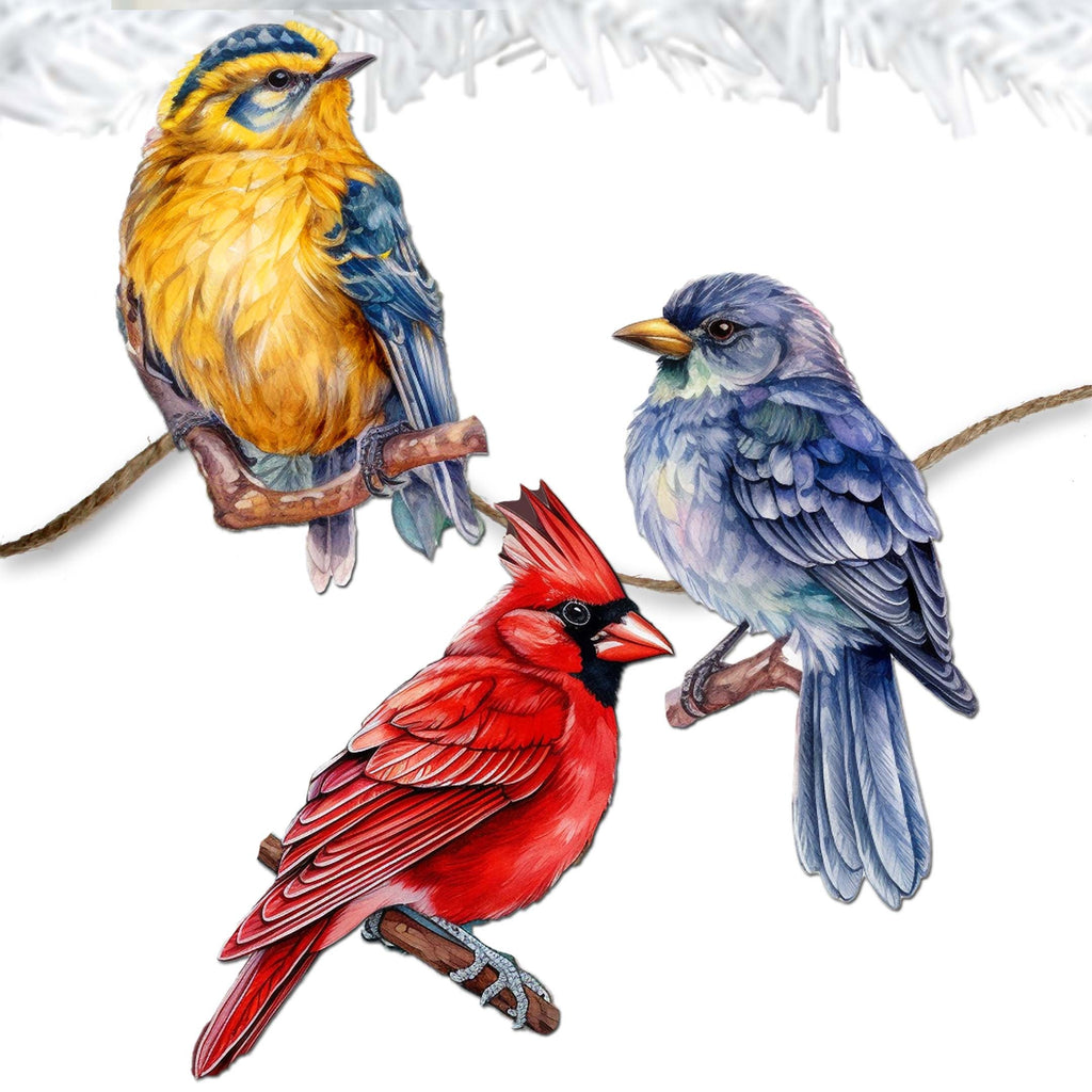 Winter Birds Clip-On Eco Wood Decorative Ornaments Set of 3 by G. Debrekht - Christmas Décor - 8091005C-S3