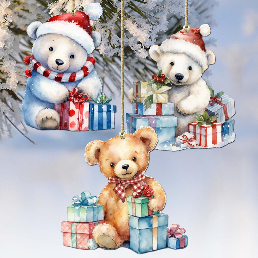 Christmas Teddy Bear Decorative Wooden Ornaments of 3 by G. Debrekht - Christmas Décor - 8091011-S3