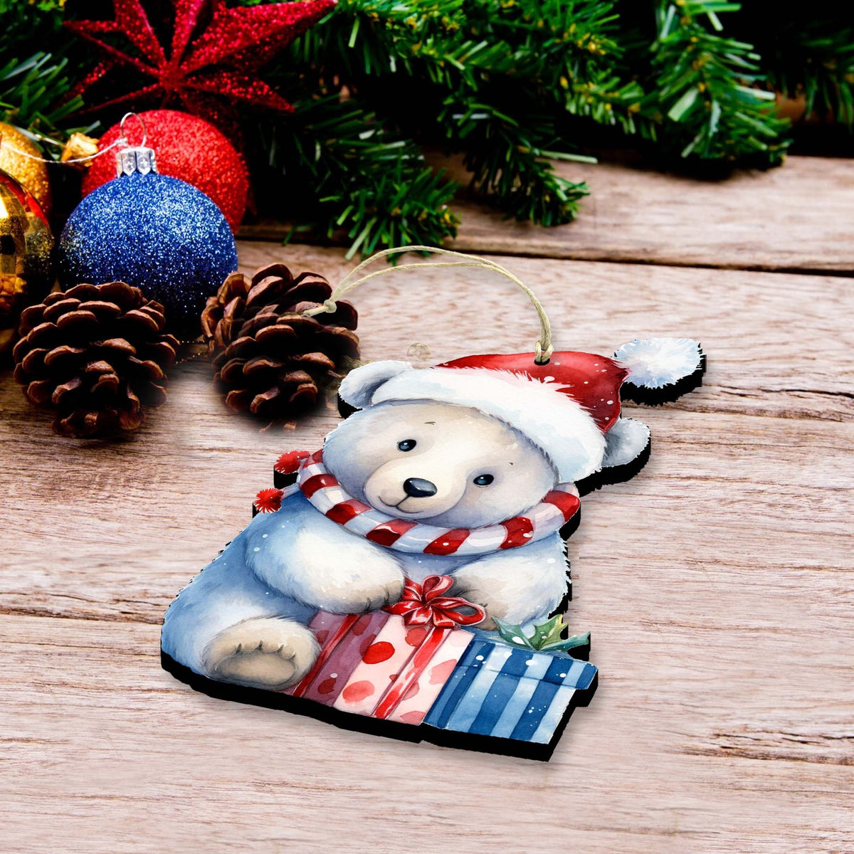 Christmas Teddy Bear Decorative Wooden Ornaments of 3 by G. Debrekht - Christmas Décor - 8091011-S3