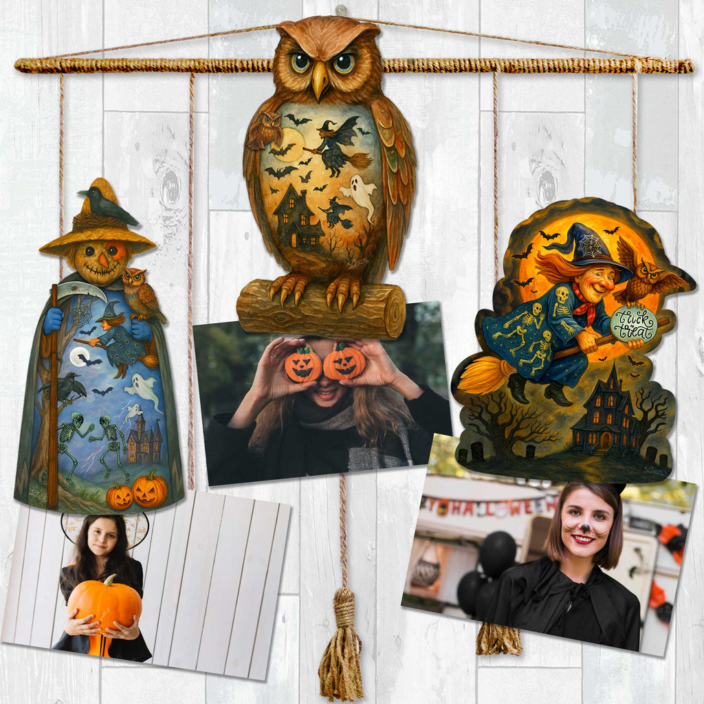 Halloween Clip-On Eco Wood Decorative Ornaments Set of 3 – Scarecrow, Owl & Witch – Handcrafted Décor by G. DeBrekht – 8091049C-S3