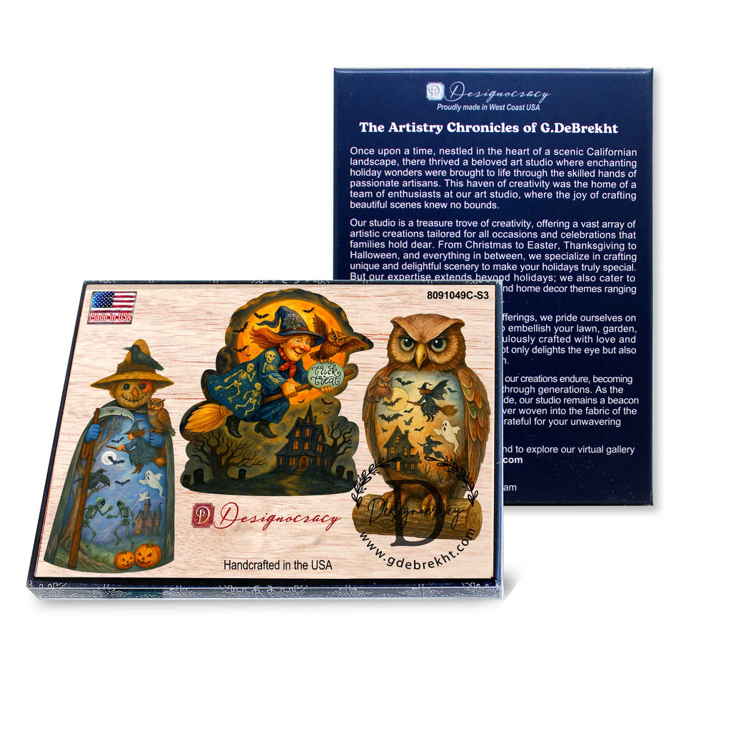 Halloween Clip-On Eco Wood Decorative Ornaments Set of 3 – Scarecrow, Owl & Witch – Handcrafted Décor by G. DeBrekht – 8091049C-S3