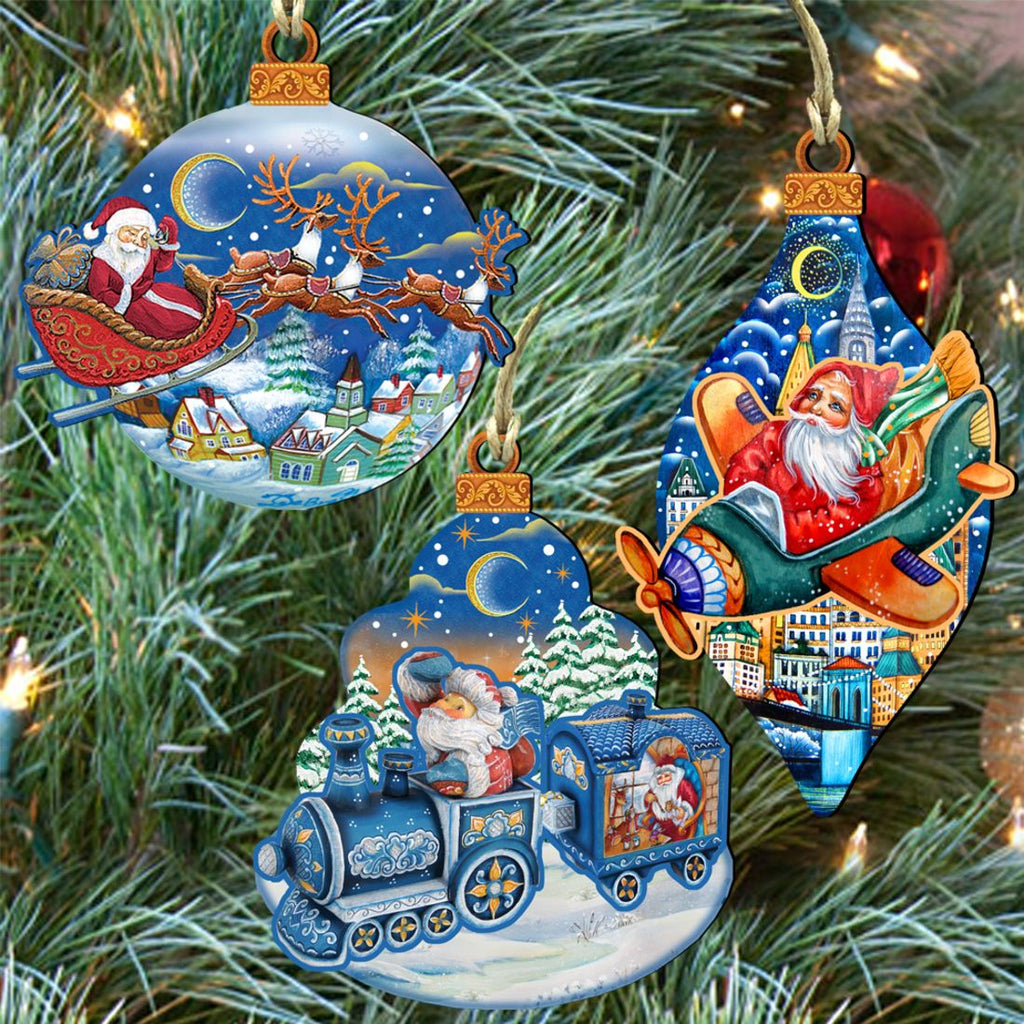 Traveling Santa Wooden Ornaments Set of 3 by G. DeBrekht - Christmas Santa Snowman Décor - 8100001S3