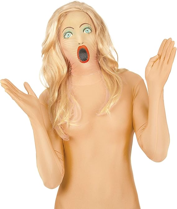 Adult Fabric Sexy Doll Mask with Attached Long Blonde Wig