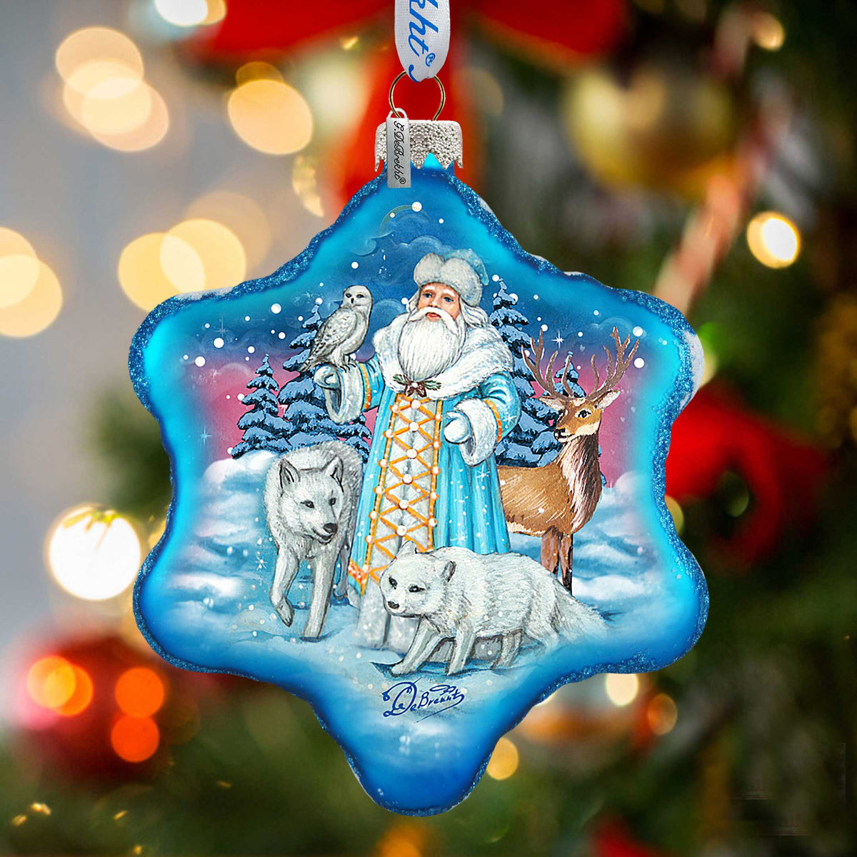 Santa Arctic Story Snowflake Glass Ornament by G. DeBrekht - Christmas Santa Snowman Decor - 754-011B