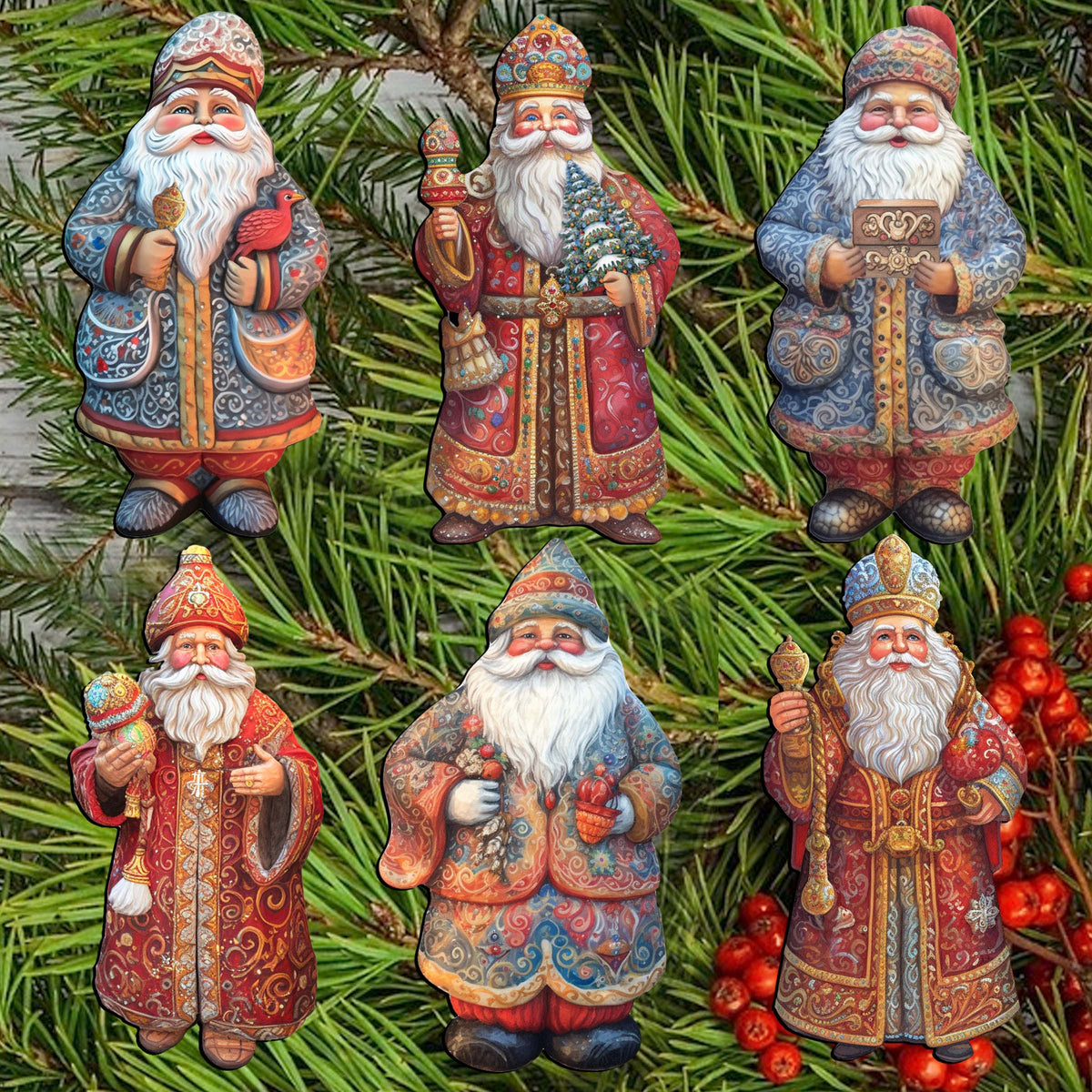 Santa Clip-On Eco Wood Decorative Ornaments Set of 6 by G. Debrekht - Christmas Decor - 8090032C-S6