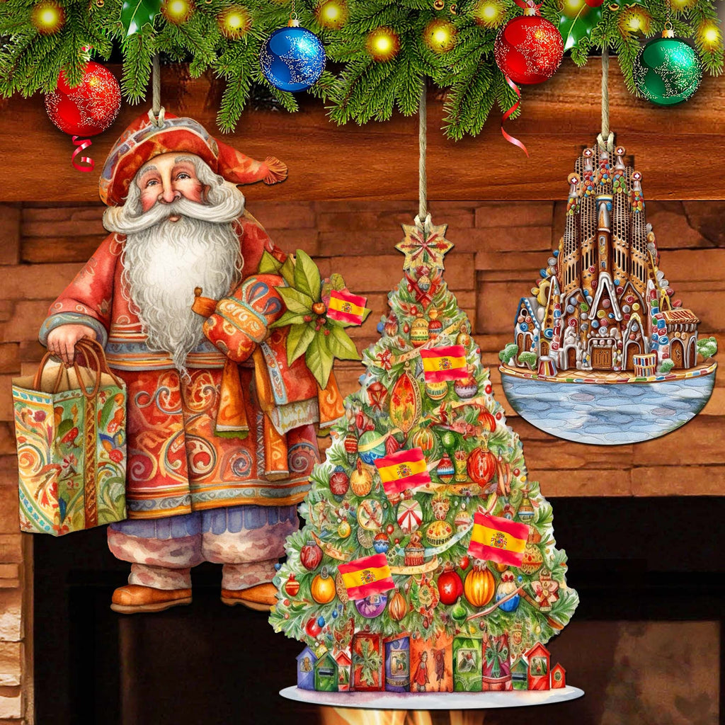 Santas Around the World - Spanish Inspired Santa - Eco Wood Ornaments Set of 3 by G. DeBrekht Christmas Santa Snowman Decor - 8091305S3