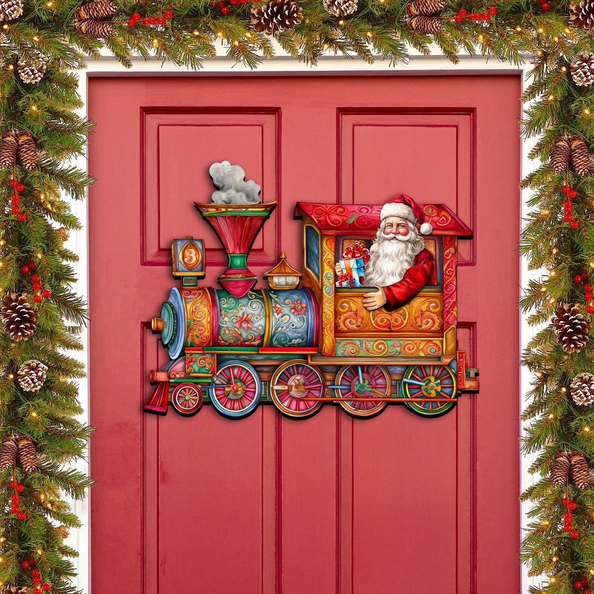 Santa's Train Holiday Door Decor by G. Debrekht - Christmas Santa Snowman Decor - 8611090H