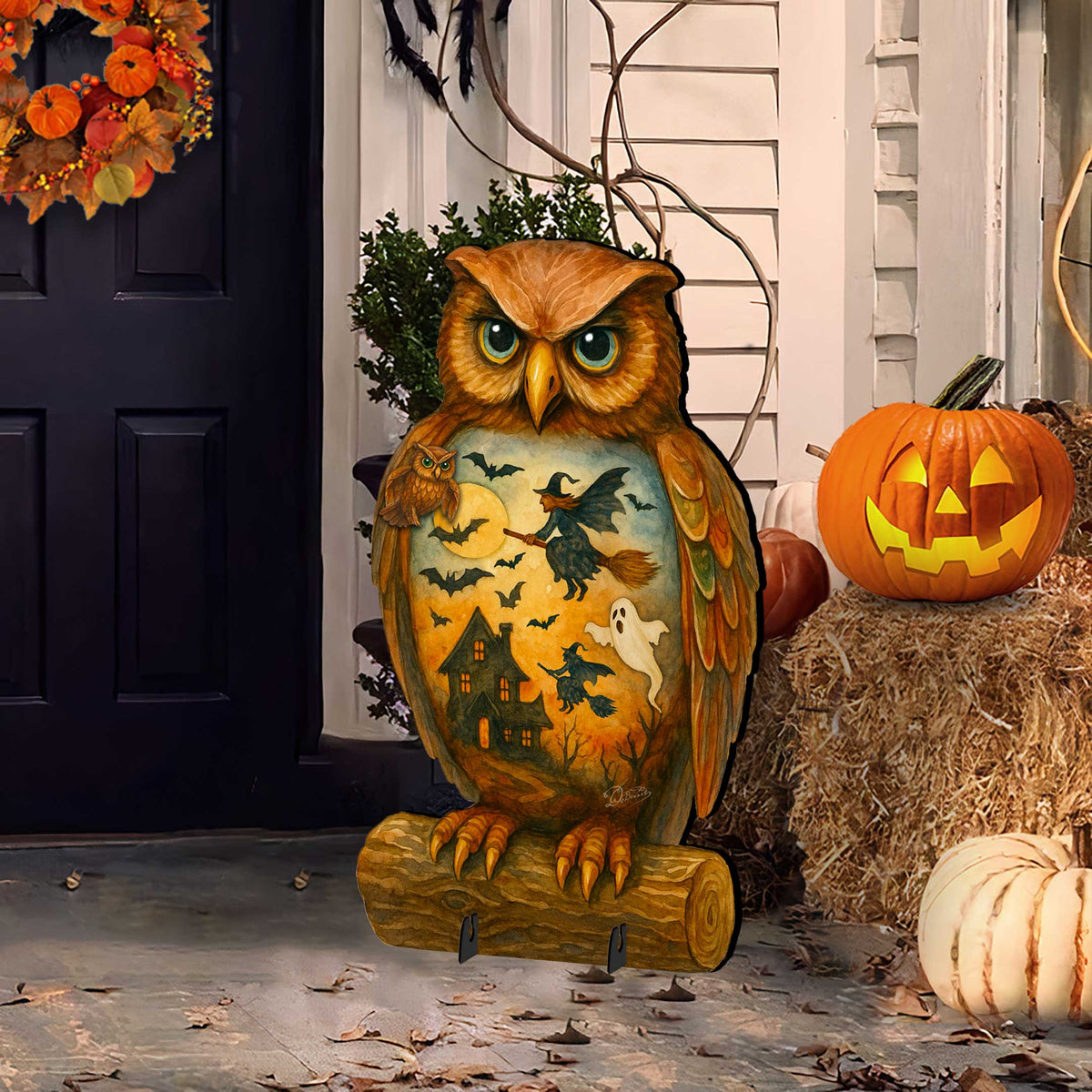 Halloween Owl Freestanding Outdoor Décor – Handcrafted Wooden Yard Display by G. DeBrekht – 8652836F