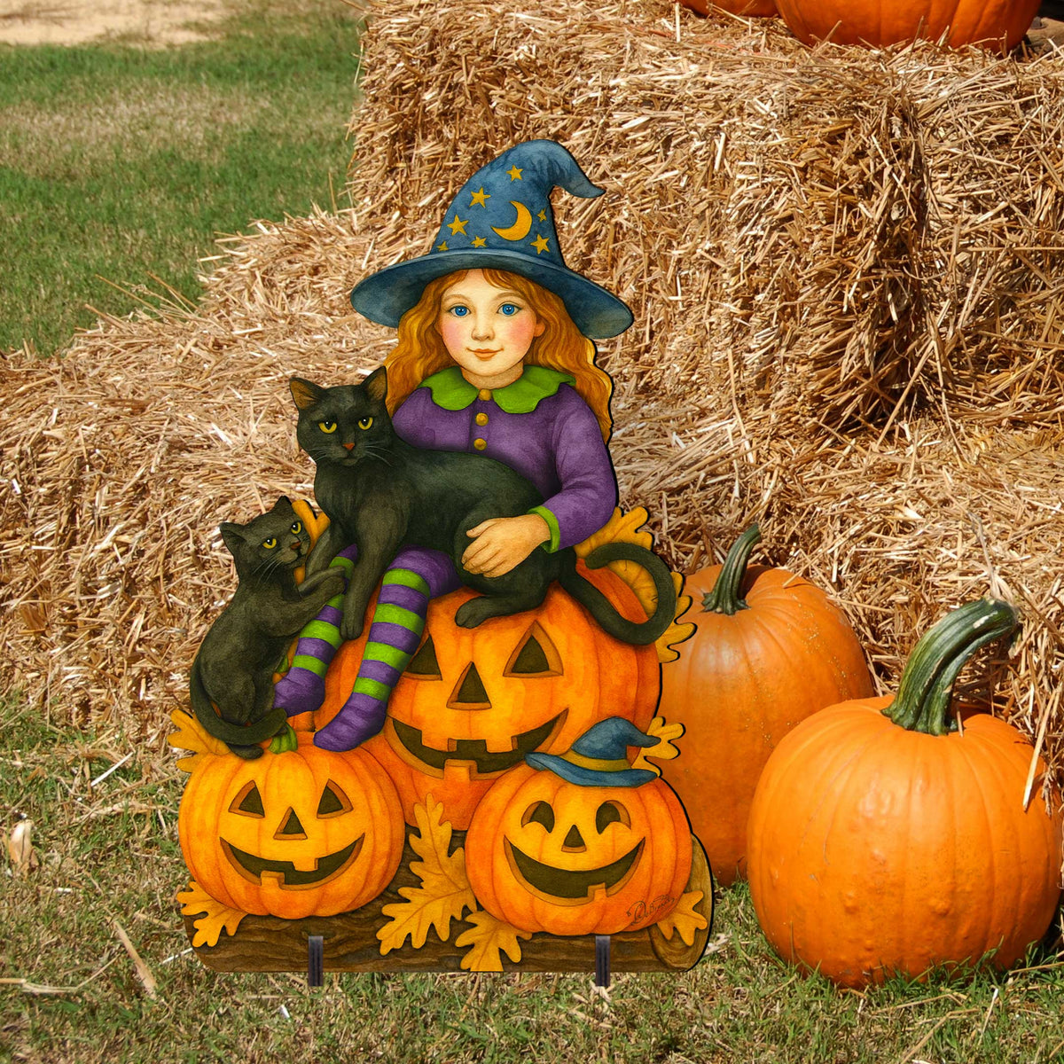 Halloween Witch with Black Cats Freestanding Outdoor Décor – Handcrafted Wooden Yard Display by G. DeBrekht – 8652838F