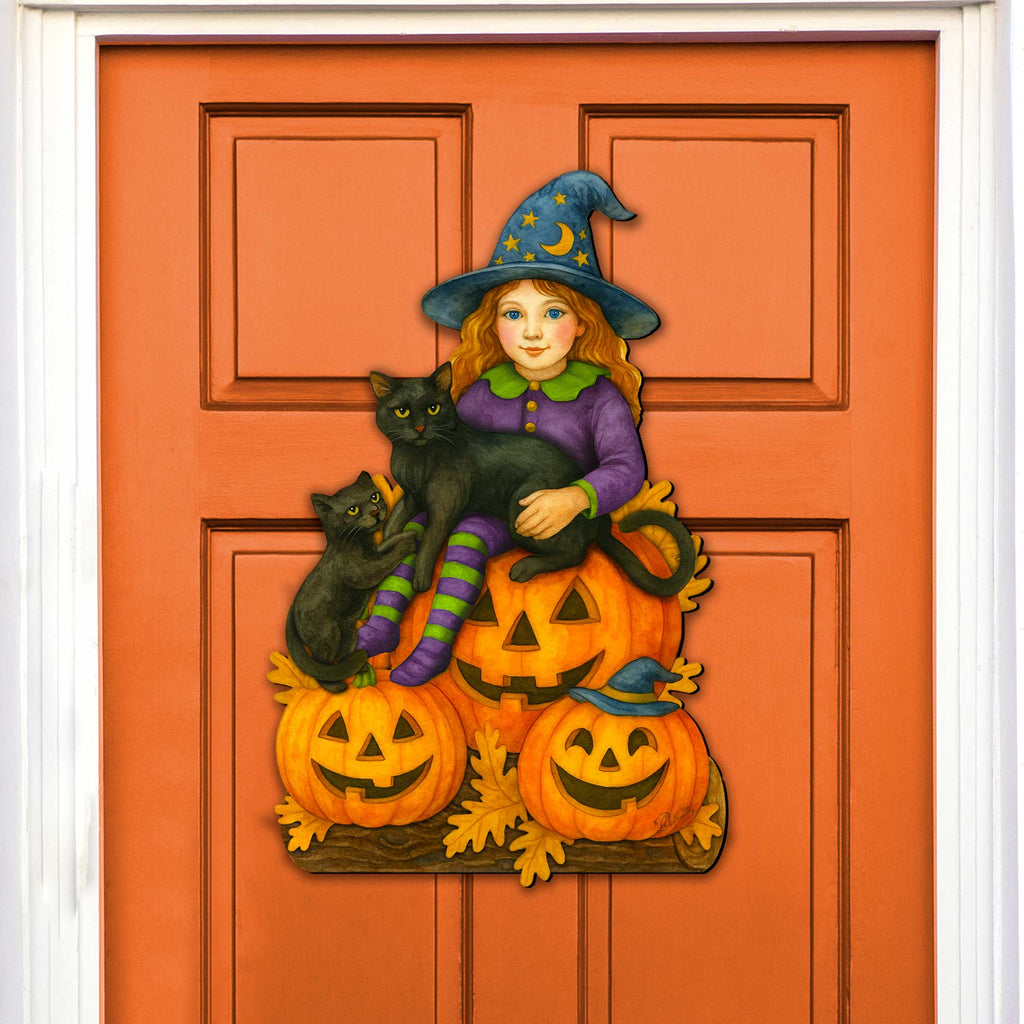 Halloween Witch with Black Cats Door Hanger – Handcrafted Wooden Door Décor by G. DeBrekht – 8652838H