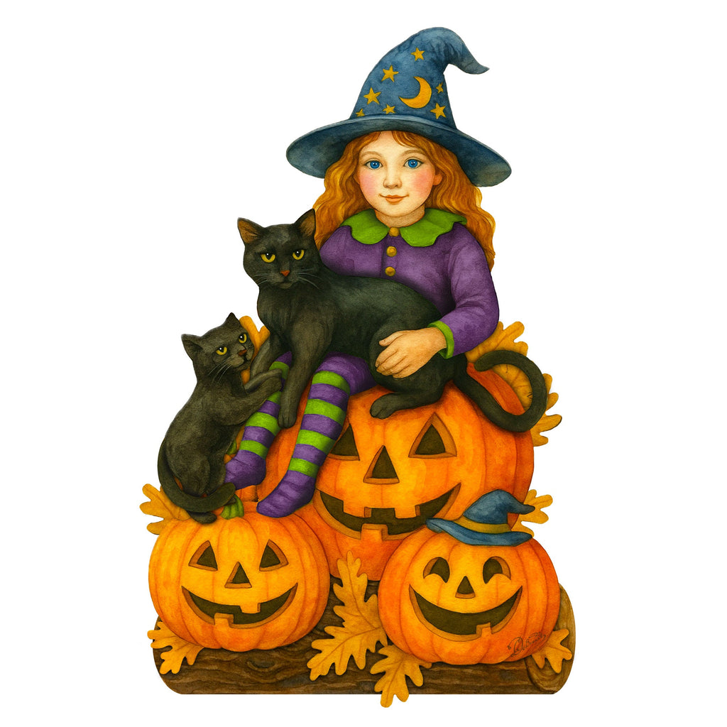 Halloween Witch with Black Cats Door Hanger – Handcrafted Wooden Door Décor by G. DeBrekht – 8652838H