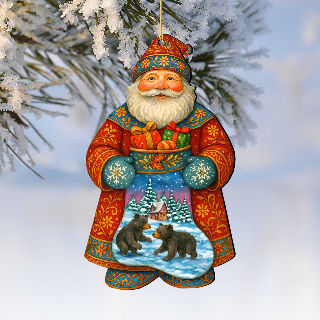 Santa Wooden Ornament with Winter Bears – Handcrafted Christmas Tree Decoration by G. DeBrekht - Christmas Santa Snowman Decor – 8652845