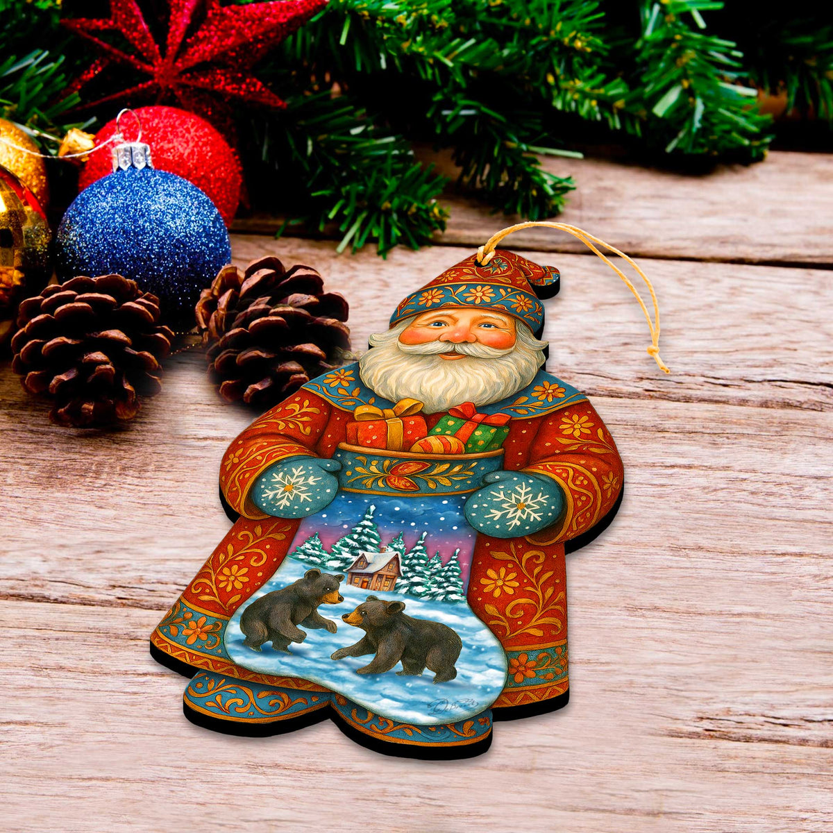 Santa Wooden Ornament with Winter Bears – Handcrafted Christmas Tree Decoration by G. DeBrekht - Christmas Santa Snowman Decor – 8652845