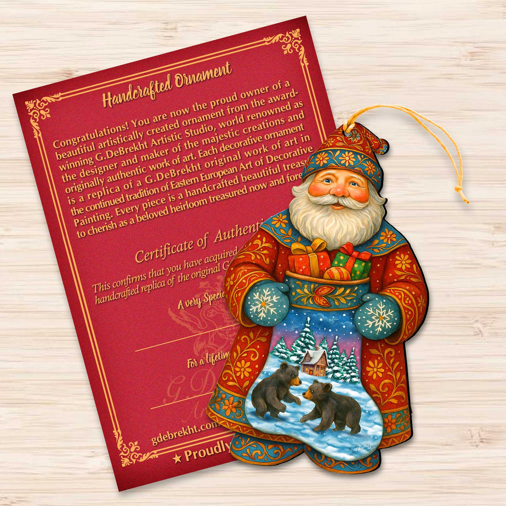 Santa Wooden Ornament with Winter Bears – Handcrafted Christmas Tree Decoration by G. DeBrekht - Christmas Santa Snowman Decor – 8652845