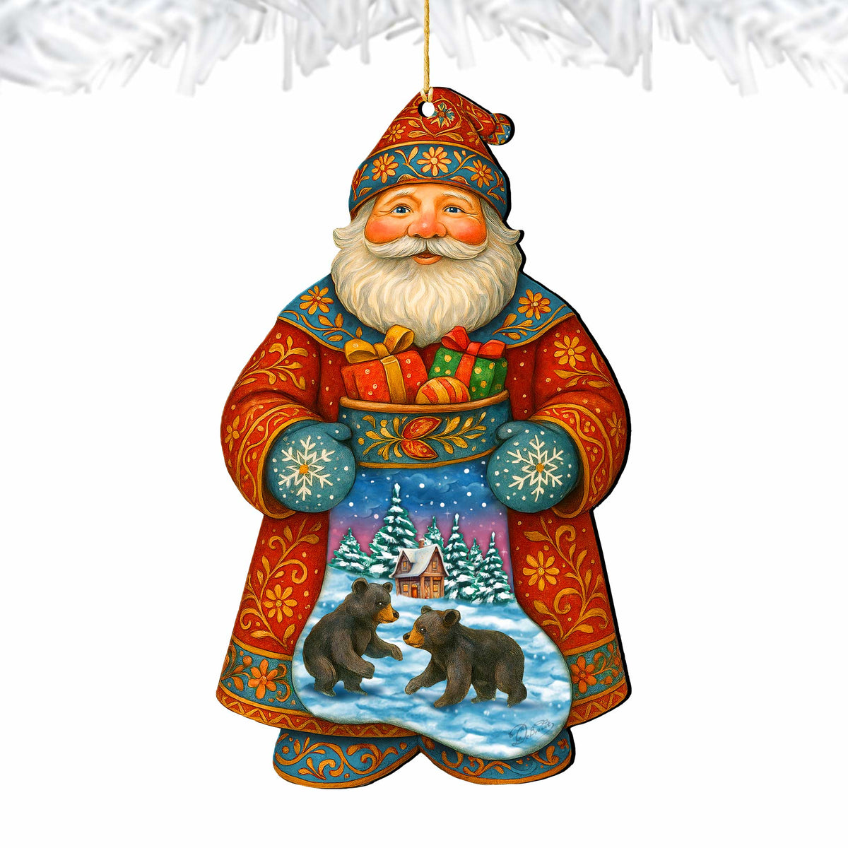 Santa Wooden Ornament with Winter Bears – Handcrafted Christmas Tree Decoration by G. DeBrekht - Christmas Santa Snowman Decor – 8652845