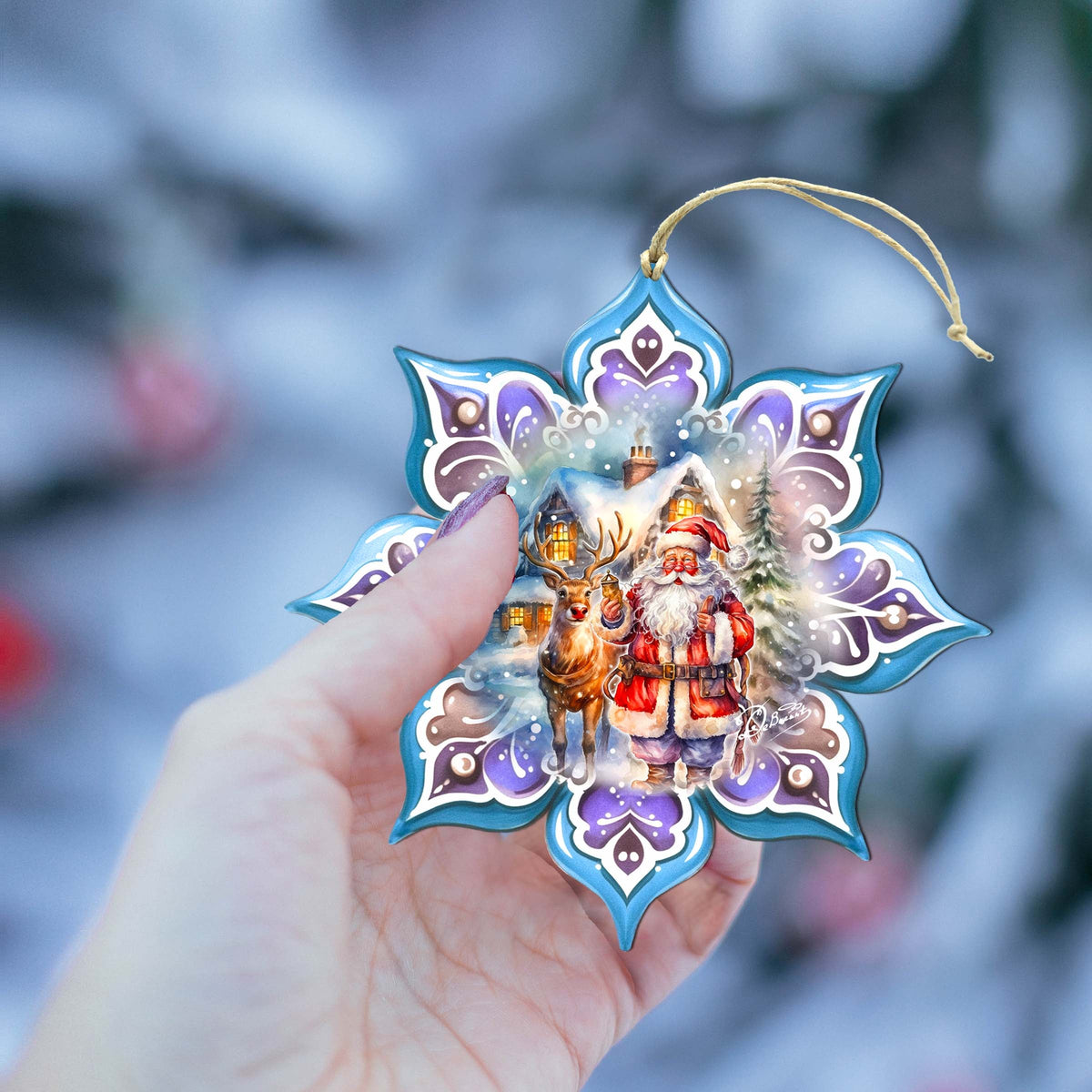 Santa with Reindeer Snowflake Wooden Ornaments by G. Debrekht - Christmas Santa Snowman Decor - 8688405