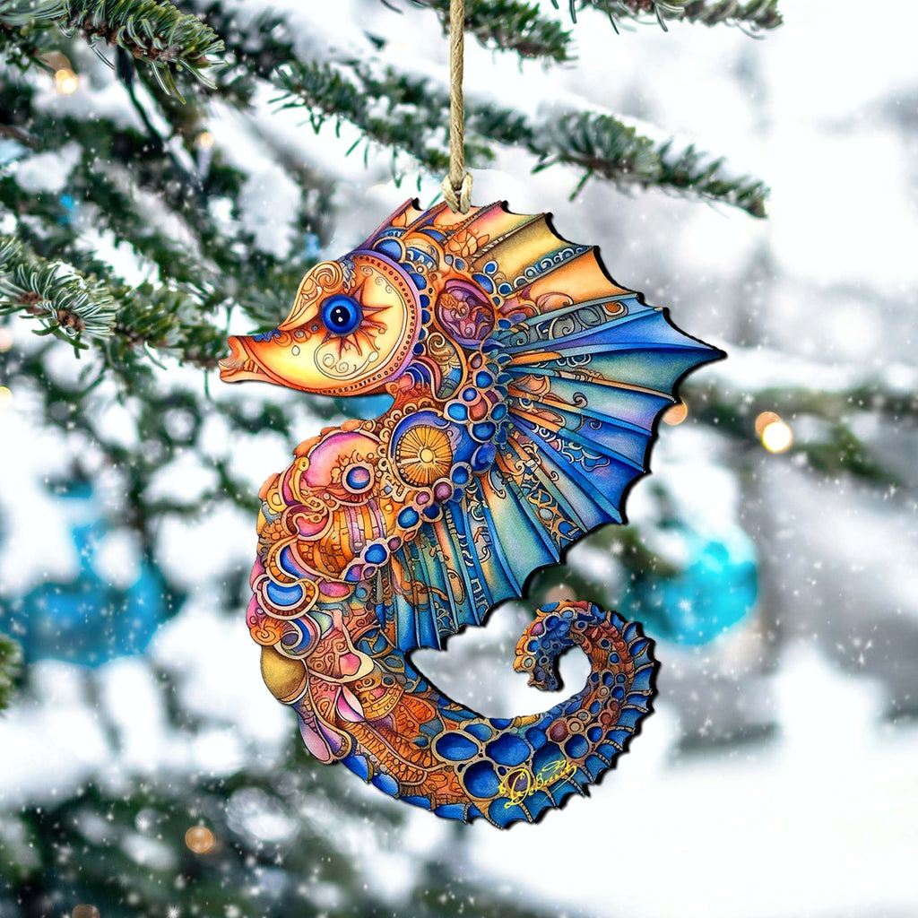 Nautical Christmas Ornaments - Mosaic Seahorse Wooden Ornaments by G.Debrekht Coastal Holiday Decor - 8688191