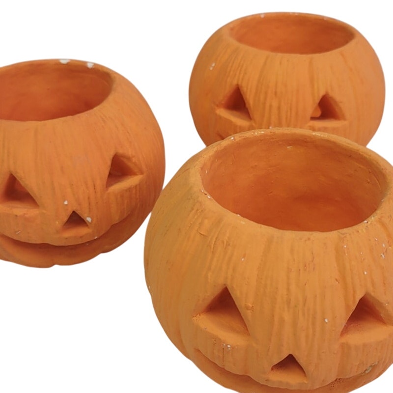 5 Vintage Handpainted Ceramic Halloween Pumpkin Jack O Lantern Candle Holders