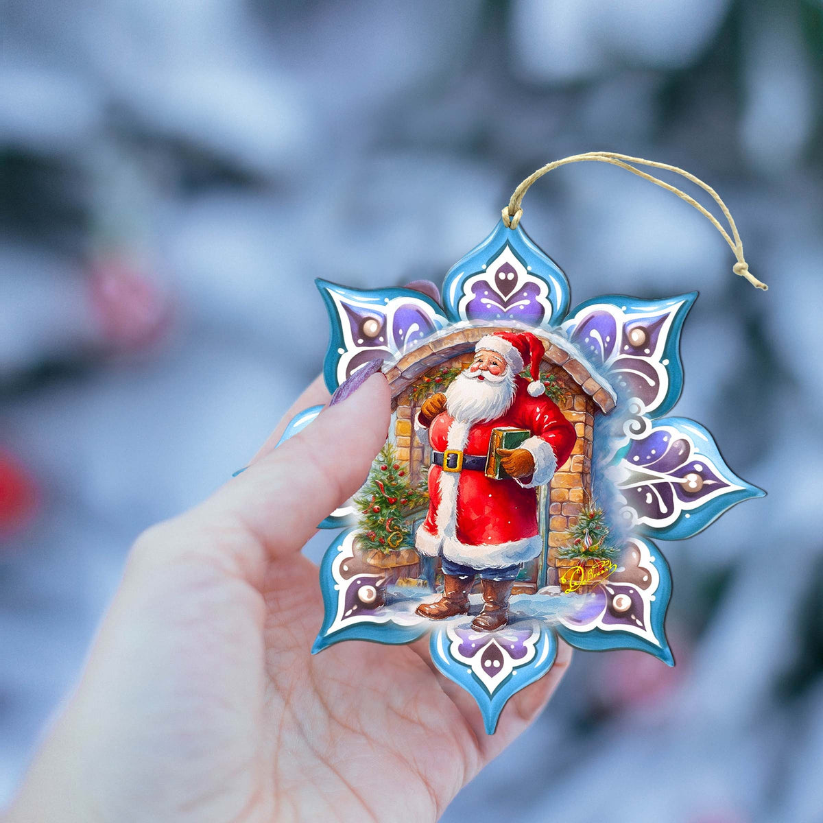 Santa with Book Snowflake Wooden Ornaments by G. Debrekht - Christmas Santa Snowman Decor - 8688420