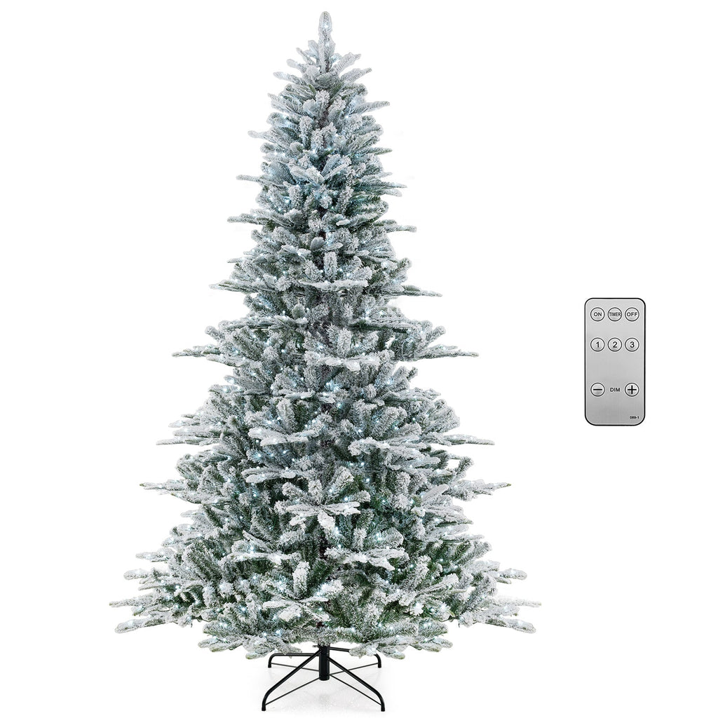 8 Feet Snow Flocked Artificial Christmas Tree with Cool White LED Lights