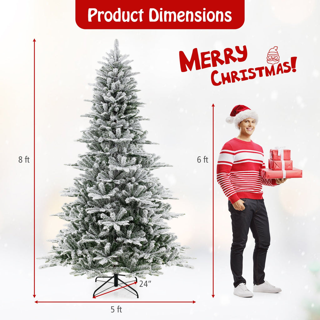 8 Feet Snow Flocked Artificial Christmas Tree with Cool White LED Lights