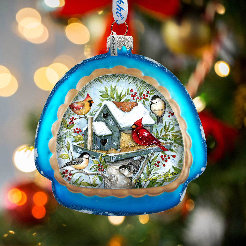 Mercury Glass Birdhouse - Winter Cardinals - Christmas Tree Decor by Susan Winget - Welcome Winter - Handmade Gift - Handblown Glass - 756-115-SW