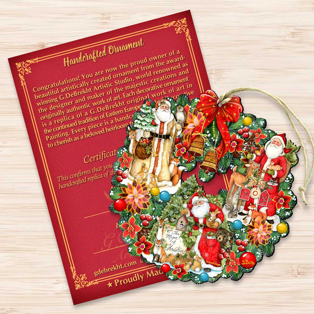 Classic Christmas Santa Wreath Wooden Ornaments by G. Debrekht and Susan Winget - Tree Ornament with Santa and Snowman Decor - 8185307-7-SW
