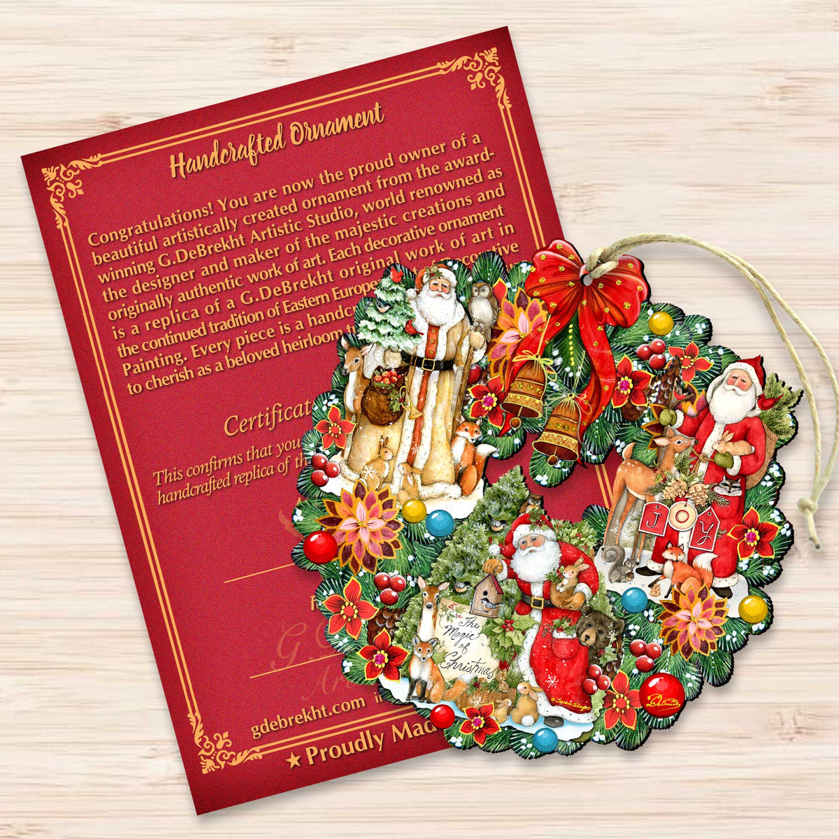Classic Christmas Santa Wreath Wooden Ornaments by G. Debrekht and Susan Winget - Tree Ornament with Santa and Snowman Decor - 8185307-7-SW