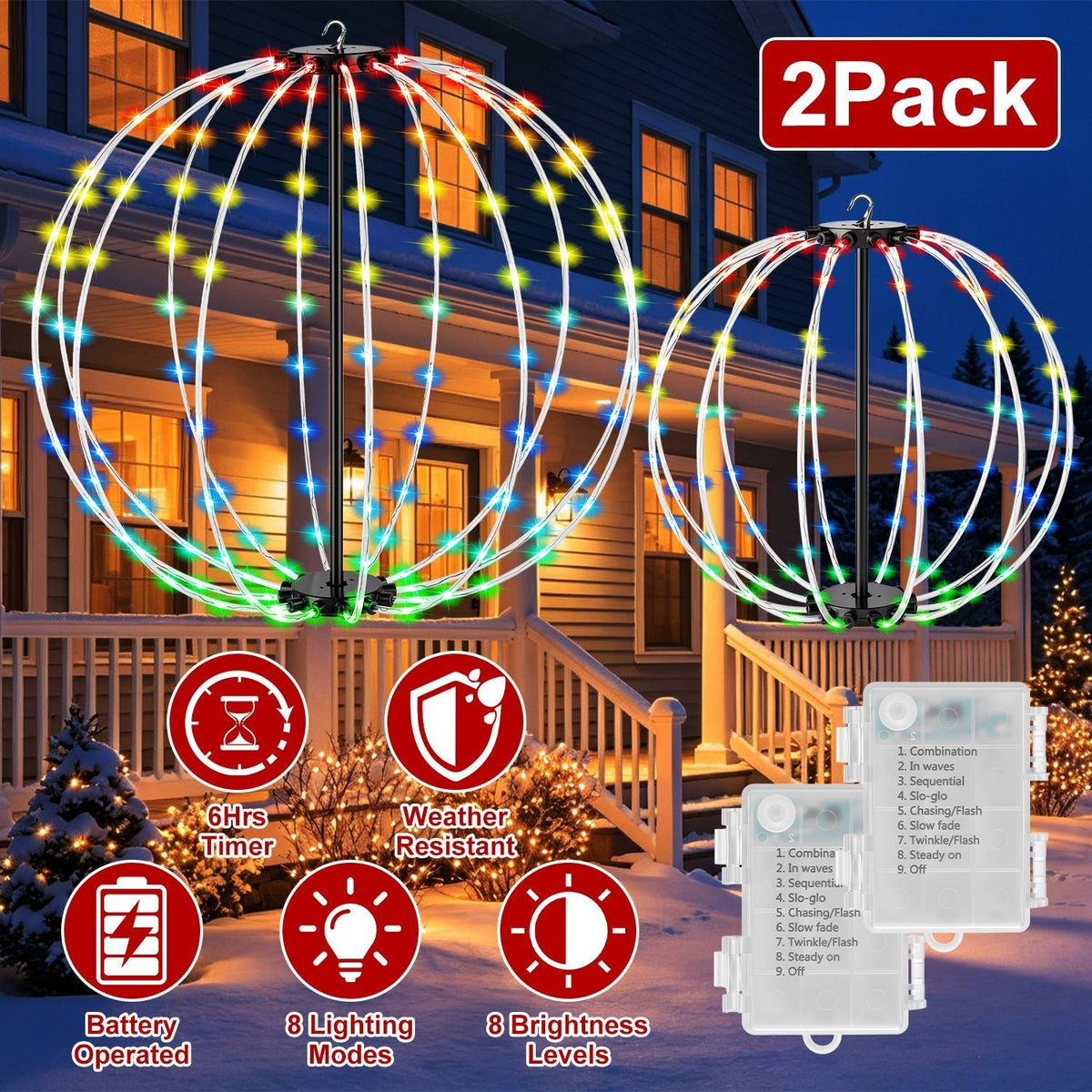 RGB LED Christmas Sphere Lights 2-Pack with Remote Control