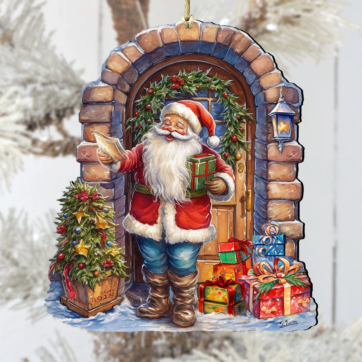Santa's Surprise Visit Holiday Wooden Ornaments by G. Debrekht Christmas Santa Snowman Decor - 8611045
