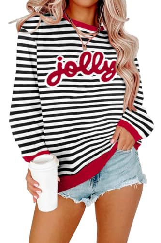 2026 Fall Winter Christmas Striped Crew Neck Sweatshirt With 3D Printed Letters, Women's Color-Block Casual Holiday Pullover