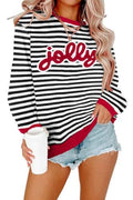 2026 Fall Winter Christmas Striped Crew Neck Sweatshirt With 3D Printed Letters, Women's Color-Block Casual Holiday Pullover