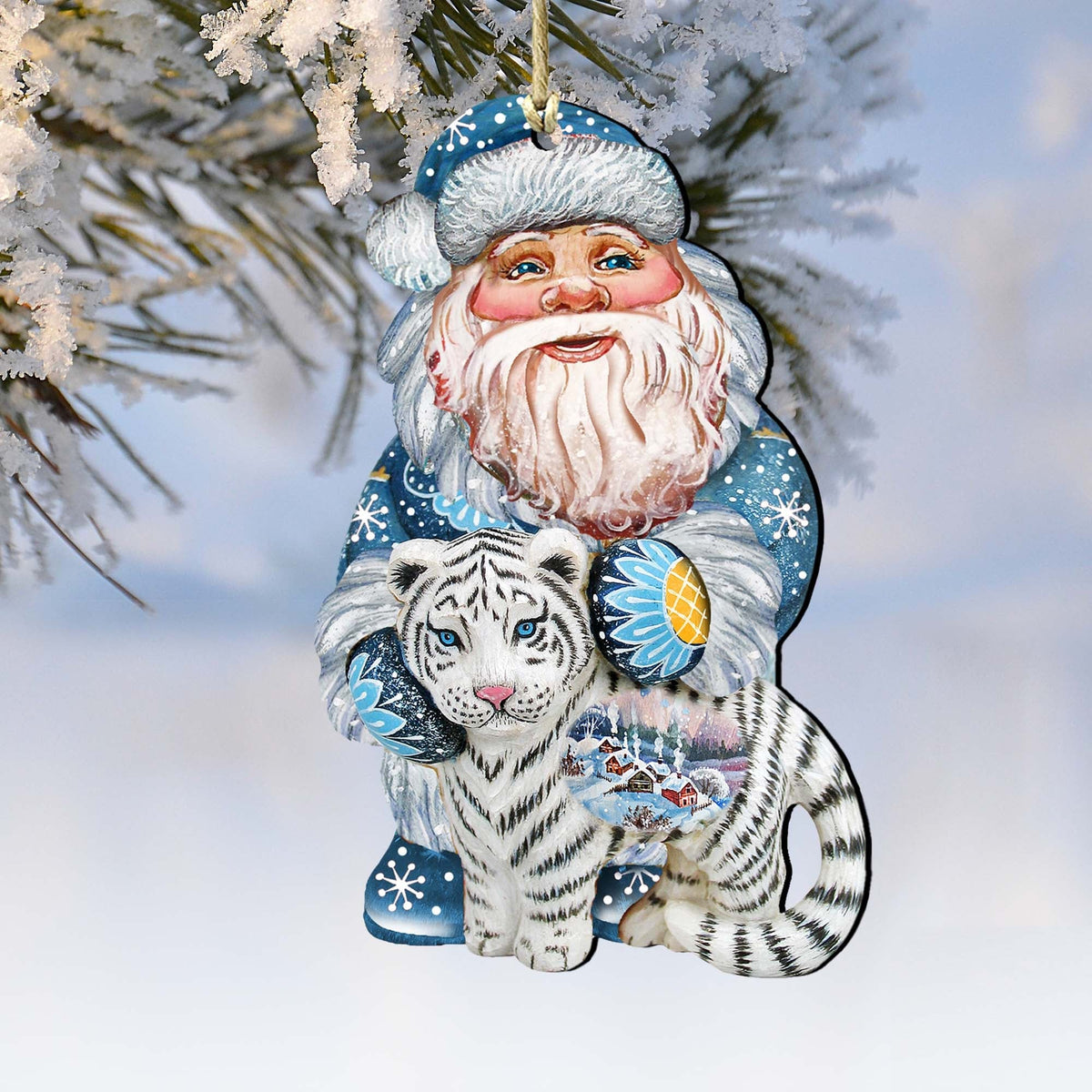 White Tiger Santa Wooden Ornaments by G. DeBrekht - Christmas Santa Snowman Decor - 8118091