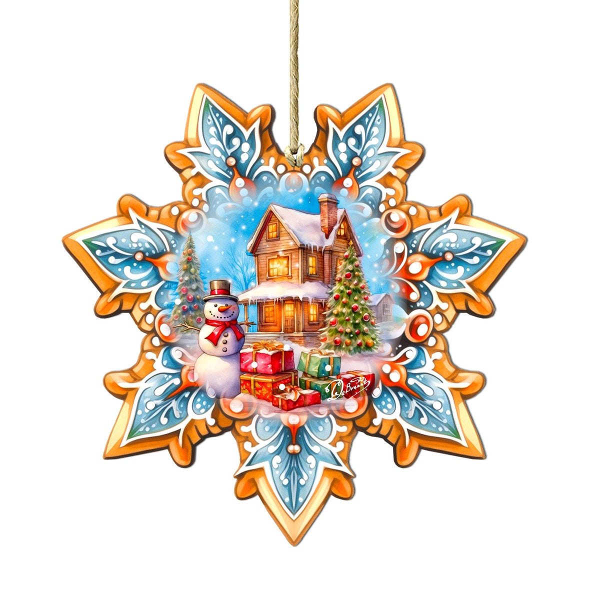 Snowman's Gifts Snowflake Wooden Ornaments by G. Debrekht - Christmas Santa Snowman Decor - 8688404