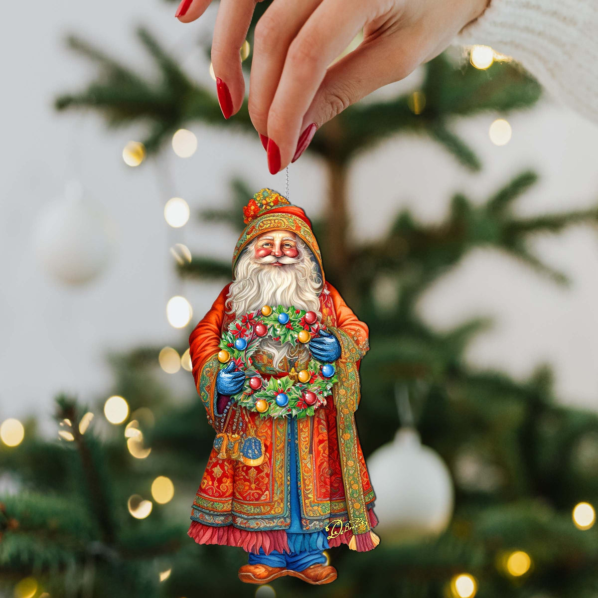 Santa's Wreath of Joy Wooden Ornaments by G. Debrekht - Christmas Santa Snowman Decor - 8691402