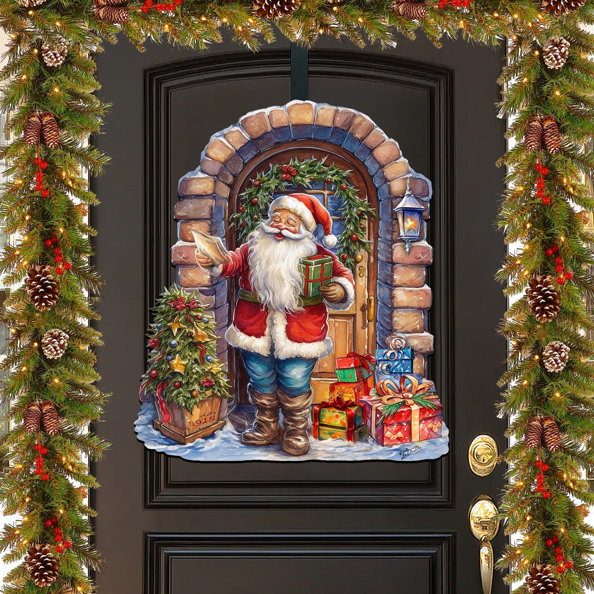 Santa's Surprise Visit Holiday Door Decor  by G. Debrekht - Christmas Santa Snowman Decor - 8611045H