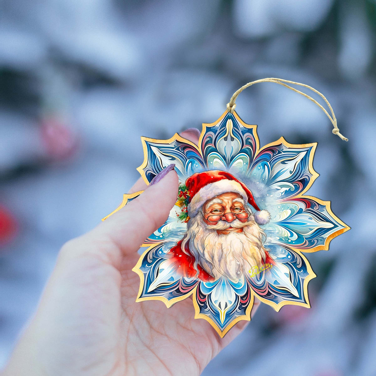 Santa Face Snowflake Wooden Ornaments by G. Debrekht - Christmas Santa Snowman Decor - 8688424